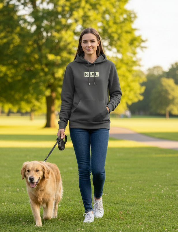 Organic Women's Hoodie, REAL (medium) in transparent on cream